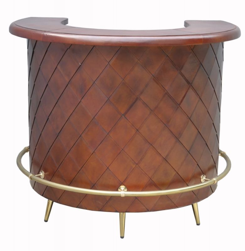 Cognac Leather Curved Home Bar With Diamond Pattern 