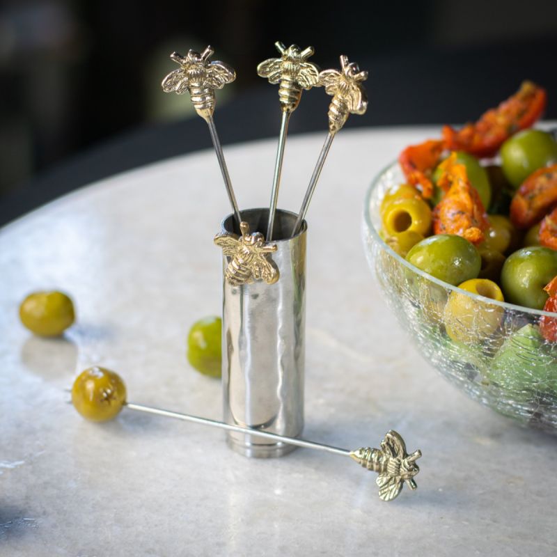 Set of Four Woodland Bee Olive Picks And Holder 