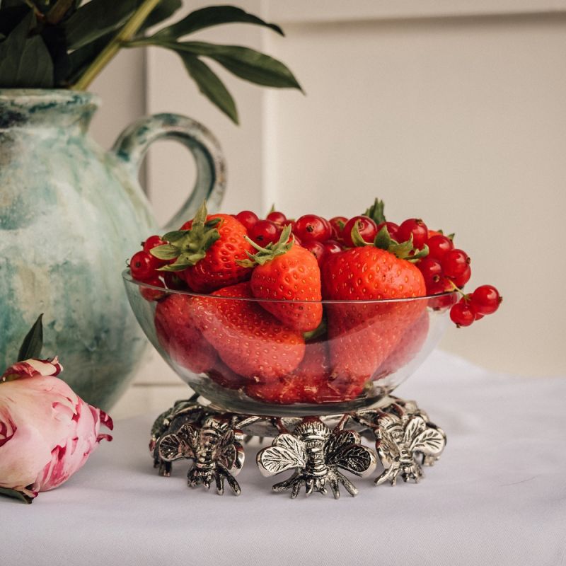 Small Bee Stand with Glass Bowl - Silver 