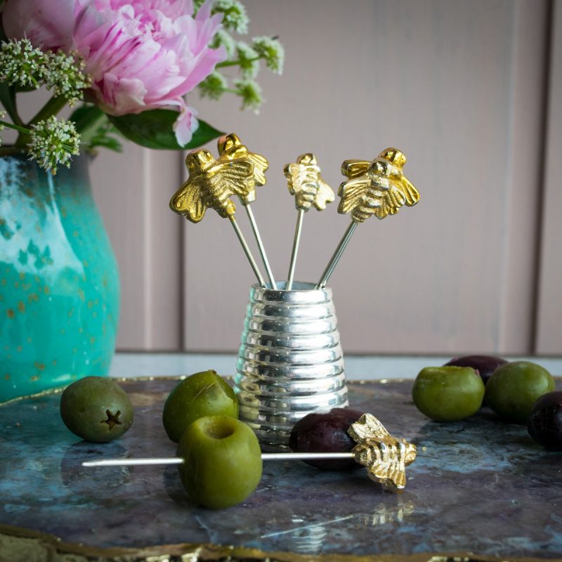 Set of Six Queen Bee Olive Picks & Holder 