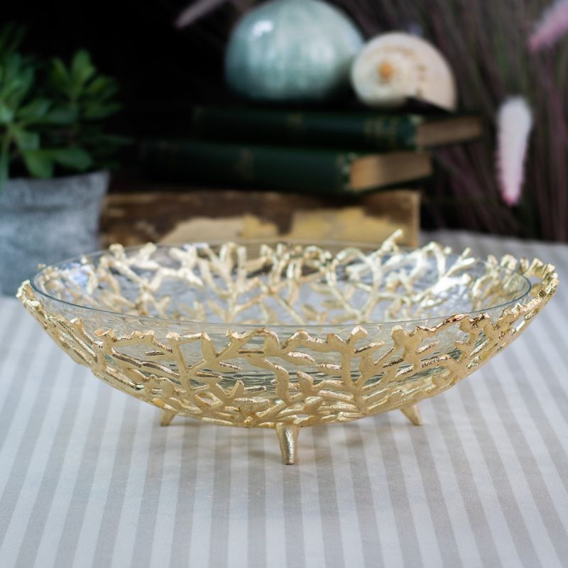 Medium Gold Coral Basket Bowl with Glass Insert