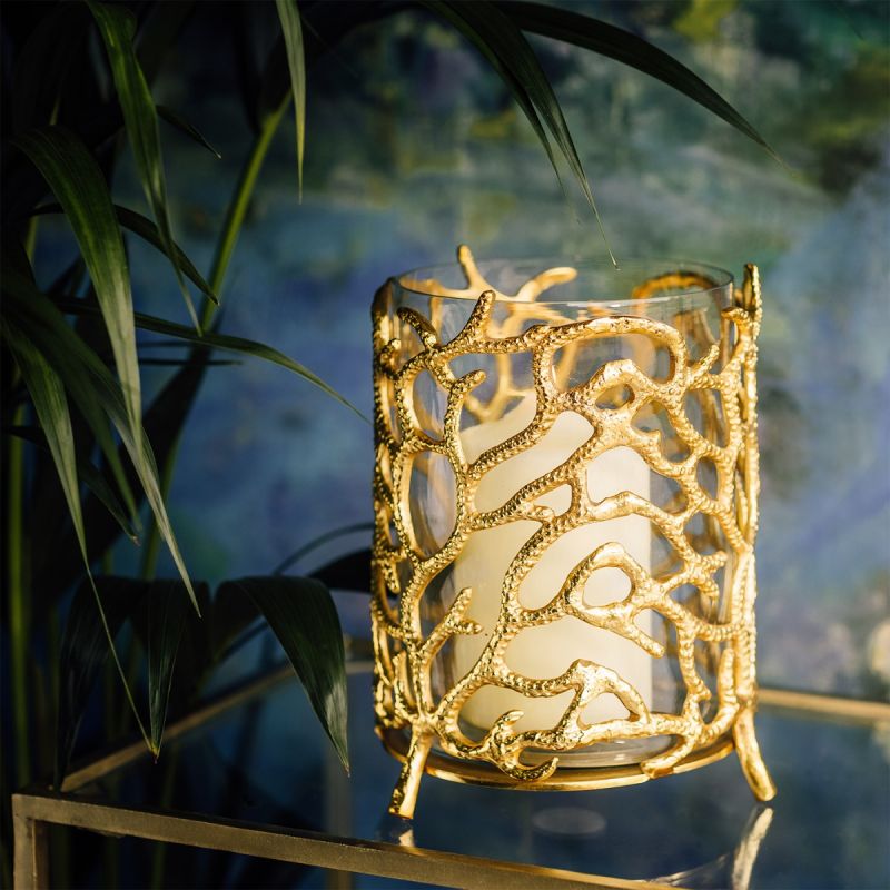 Small Coral Hurricane Lantern - Gold Finish