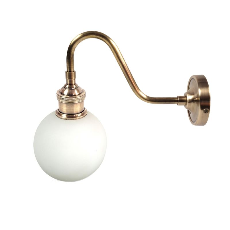 Prohibition Curve Wall Fitment Antique Brass with White Globe Shade