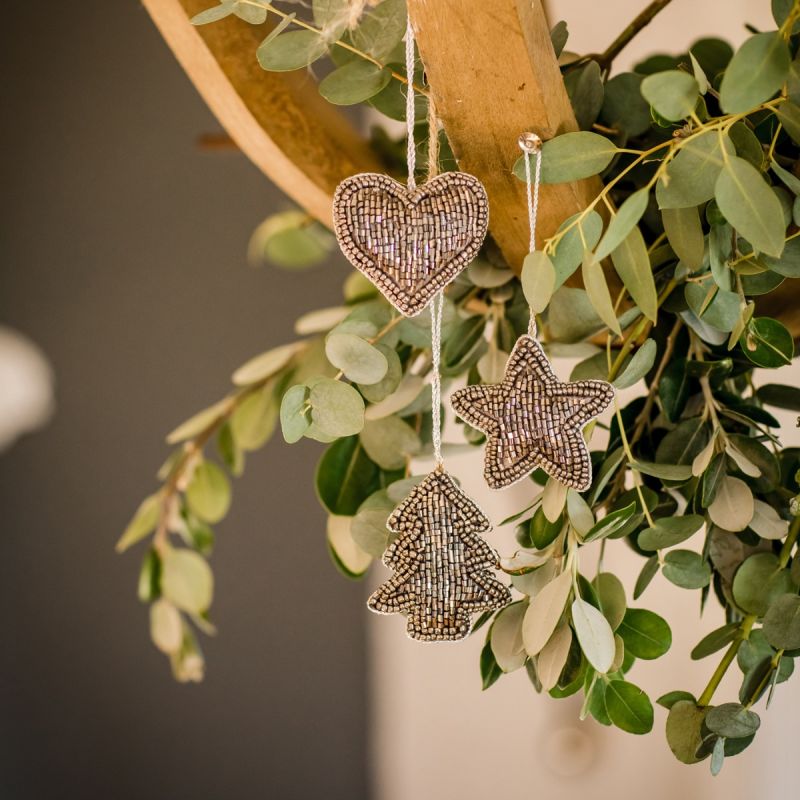 Set of Three Mini Embroidered Stone Hanging Decorations - Star, Heart & Tree