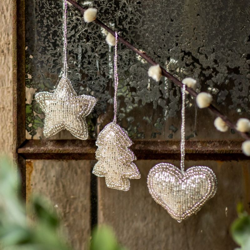 Silver Set of Three Mini Beaded - Star, Heart & Tree 