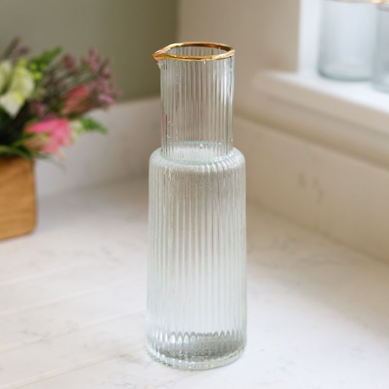 Ribbed Recycled Glass Pitcher with Gold Rim