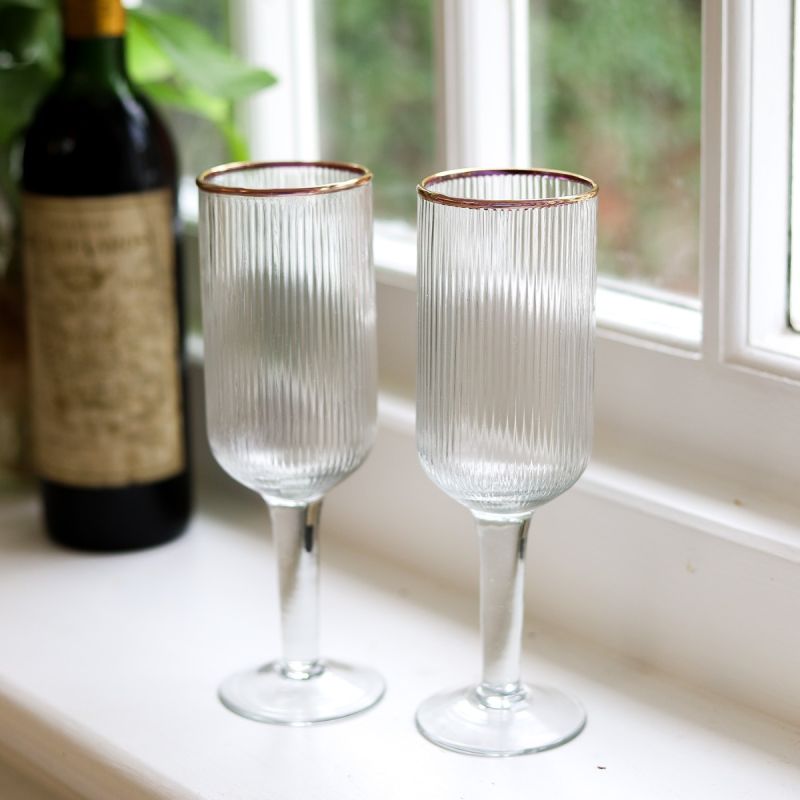 Set of Two Ribbed Recycled Glass Wine Glasses with Gold Rim