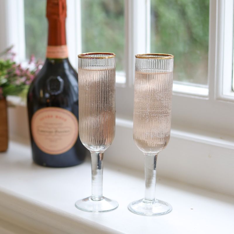 Set of Two Ribbed Recycled Glass Champagne Flutes with Gold Rim