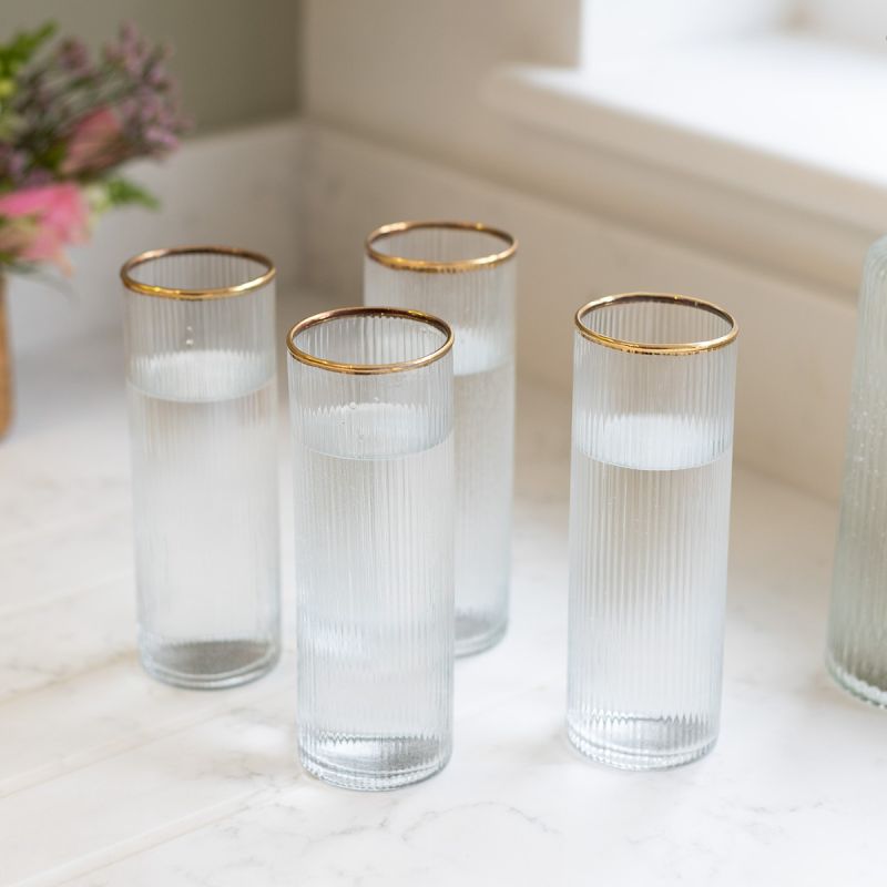 Set of Four Ribbed Recycled Glass High Balls with Gold Rim