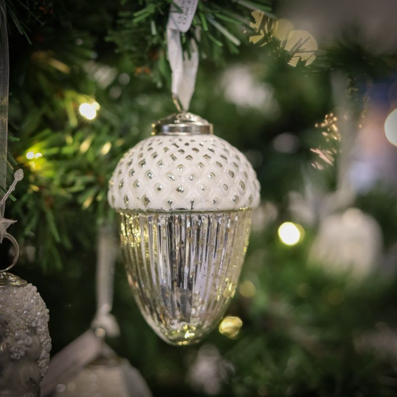 Small Acorn Bauble - Antique White & Silver