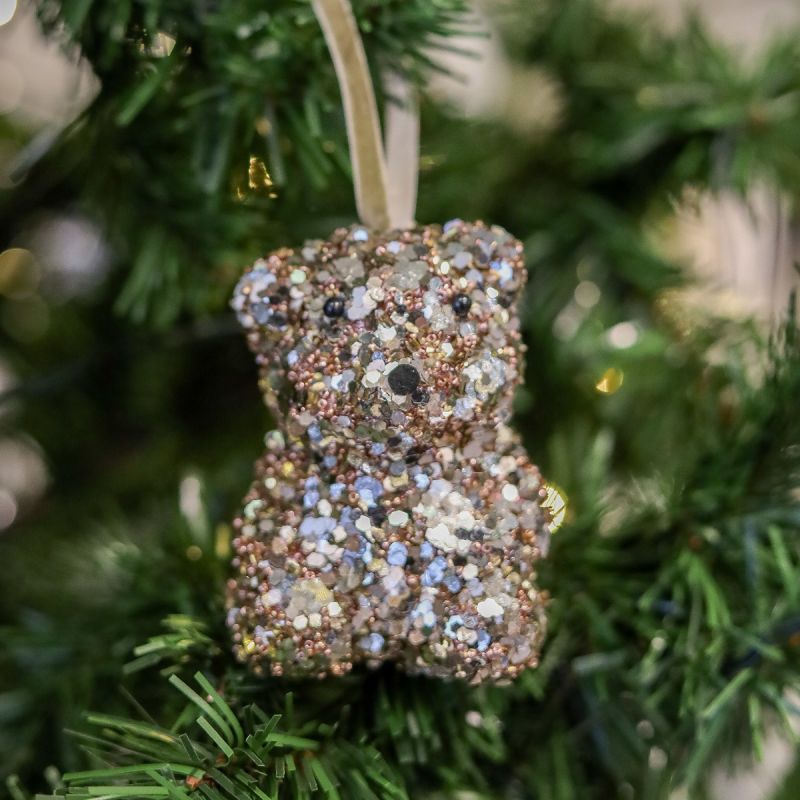 Glitter-bead sitting bear Christmas decoration - Pink champagne