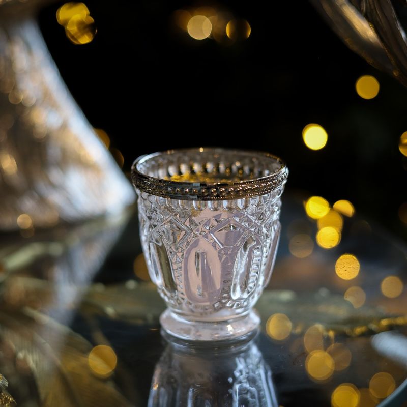 Pressed Glass Cup Tea Light Holder With Metal Collar