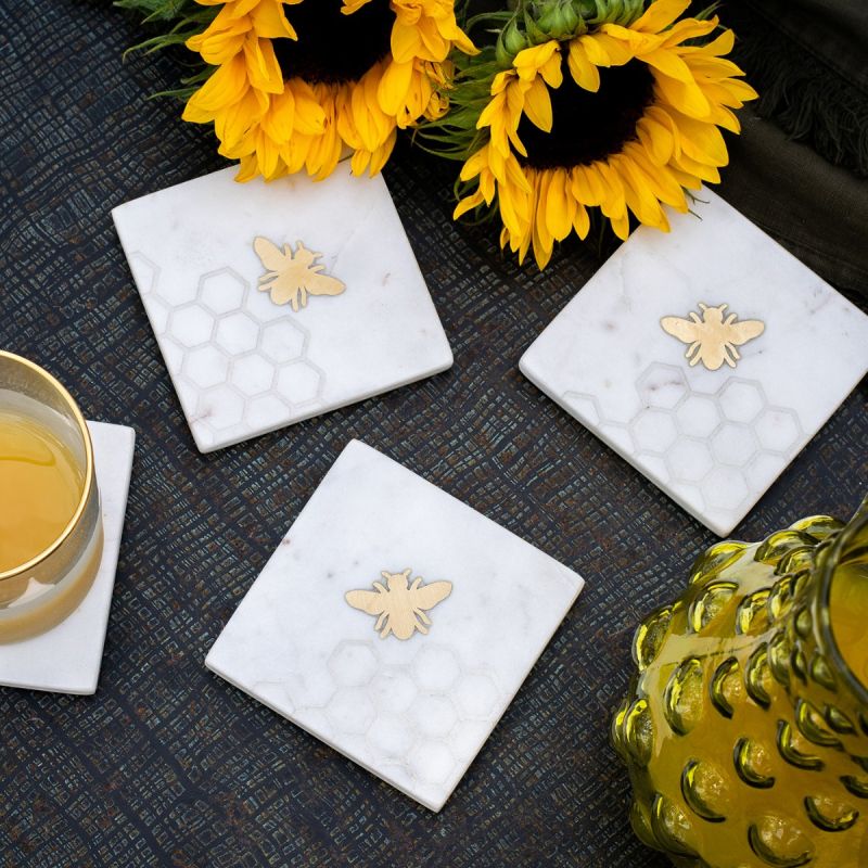 Set of 4 Marble Laser Etched Coasters with Brass Bee 