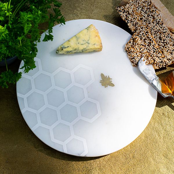 Laser Etched Round Marble Cheese Board with Brass Bee | PERFECTLY IMPERFECT