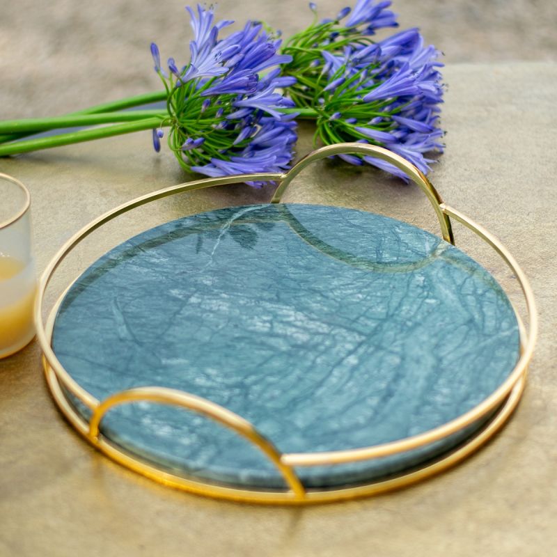 Green Marble Tray with Gold Handle