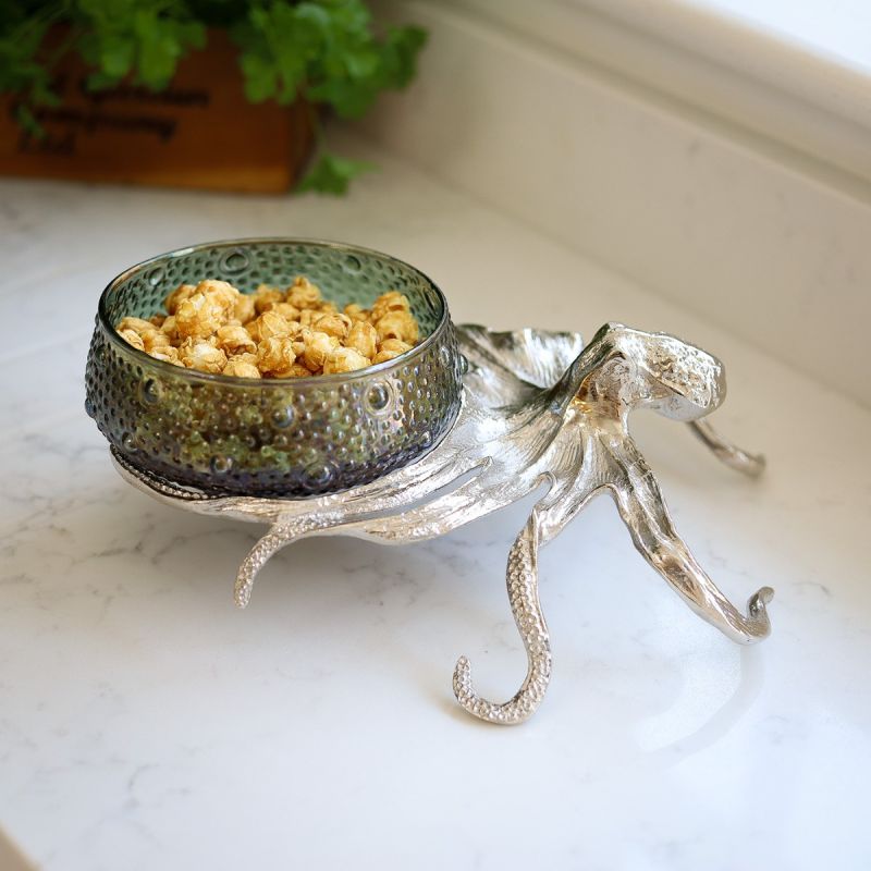 Octopus Holder with Large Blue Green Glass Bowl