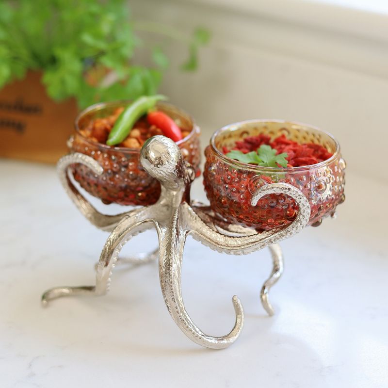 Octopus Holder with 2 Small Red Amber Glass Bowls