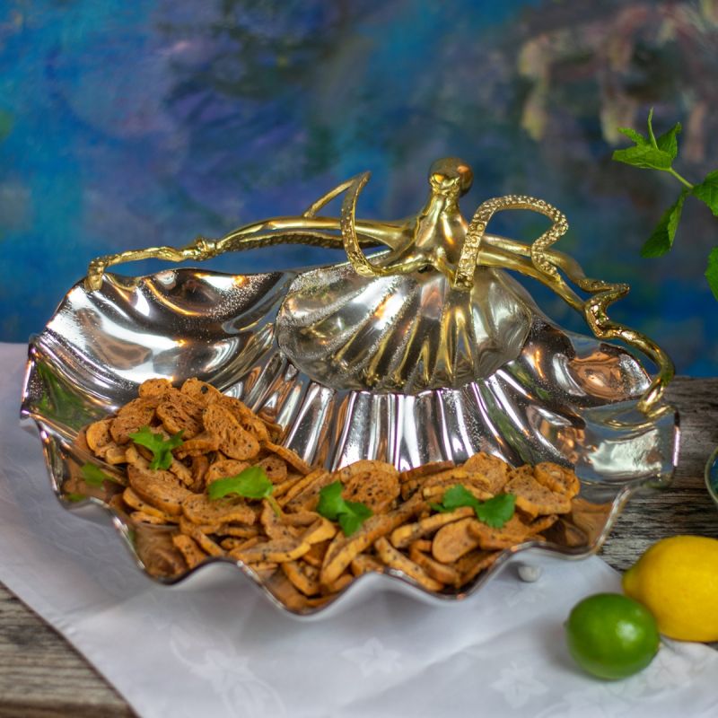 Large Shell Chip And Dip Bowl With Gold Octopus