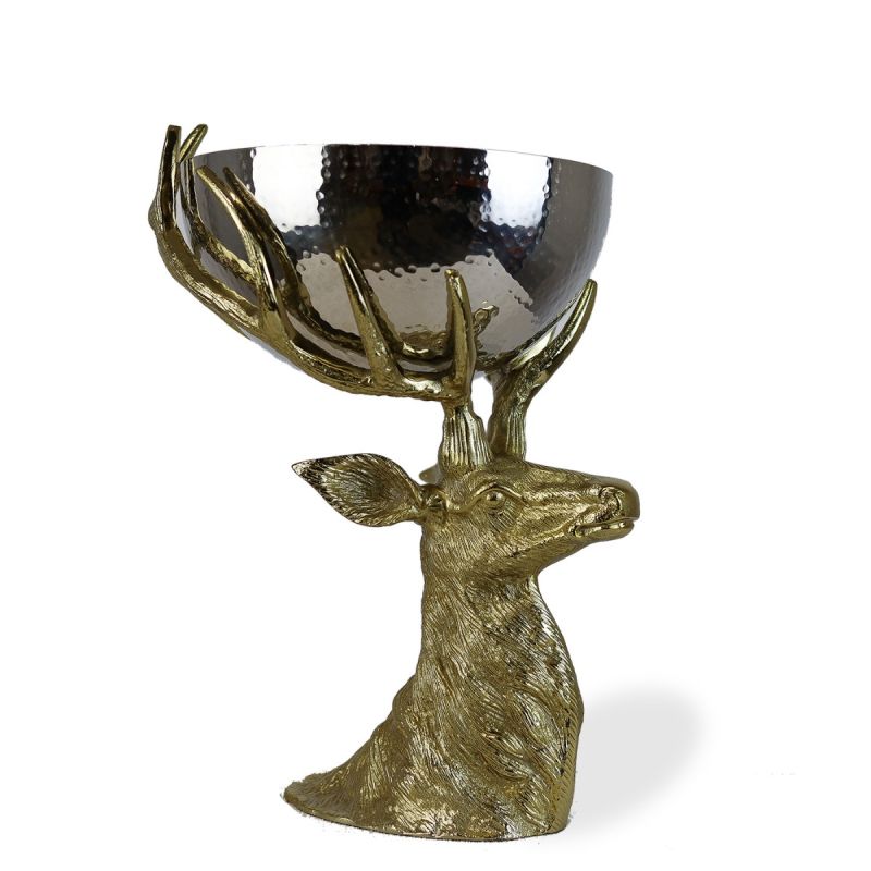 Antique Gold Stag Head with Hammered Metal Bowl