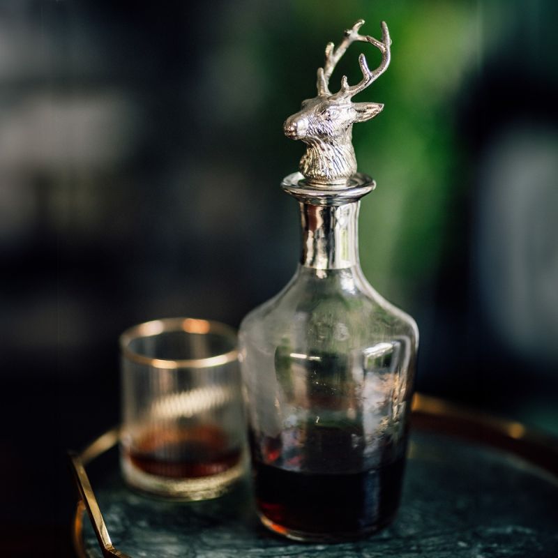 Glass Bell Decanter with Silver Neck and Nickel Finish Stag Stopper