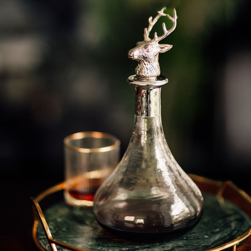 Glass Ships Decanter with Nickel Finish Stag Stopper