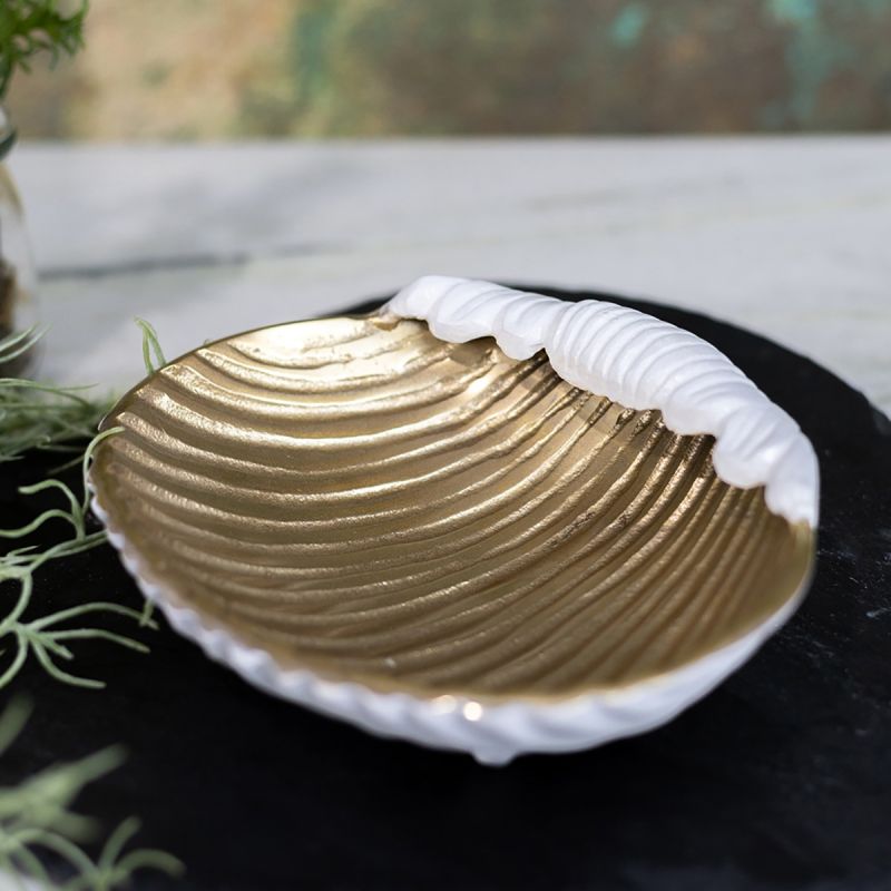 Gold and White Enamel Medium Shell Dish