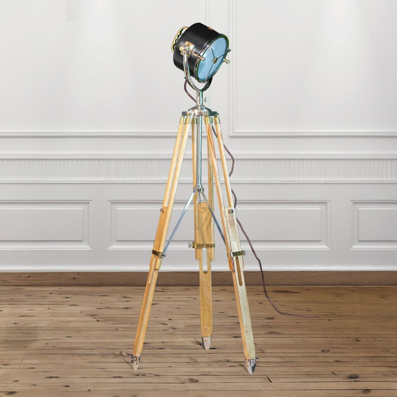 Black Beach House Floor Lamp on Natural Wooden Tripod