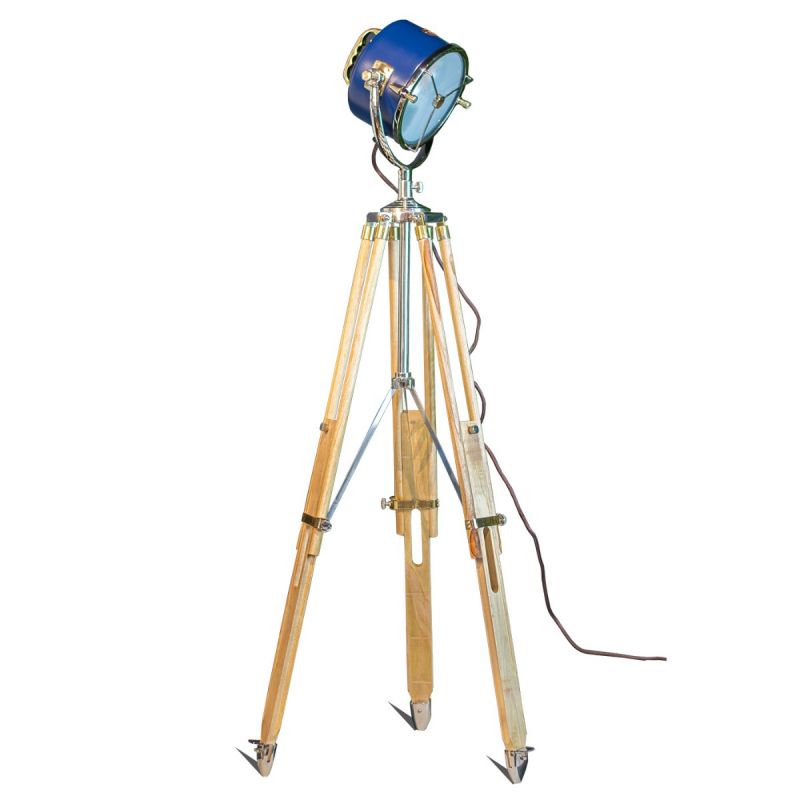 Blue Beach House Floor Lamp on Natural Wooden Tripod