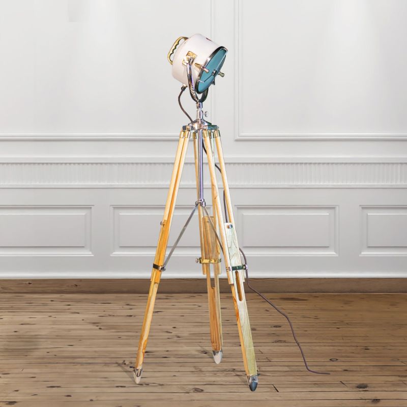 White Beach House Floor Lamp on Natural Wooden Tripod