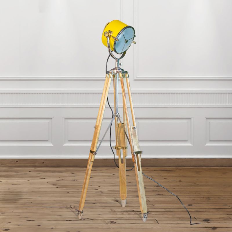 Yellow Beach House Floor Lamp on Natural Wooden Tripod