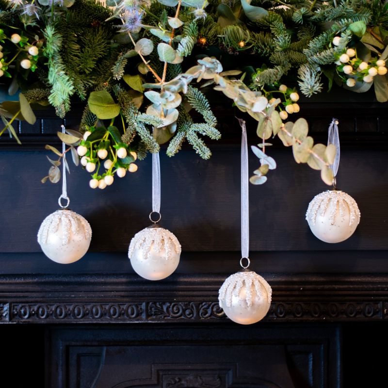 Small White Glass Bauble with Beading