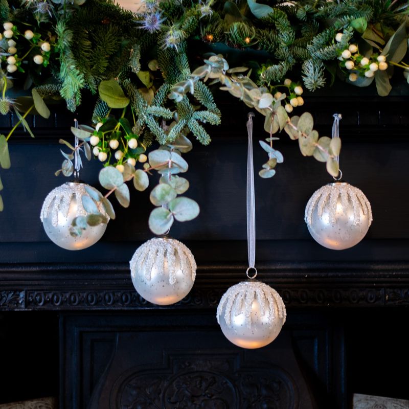 Large White Glass Christmas Bauble with Beading