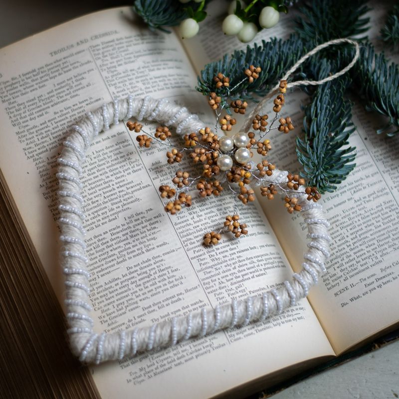 White Jute Hanging Heart with Beaded Flower Decoration