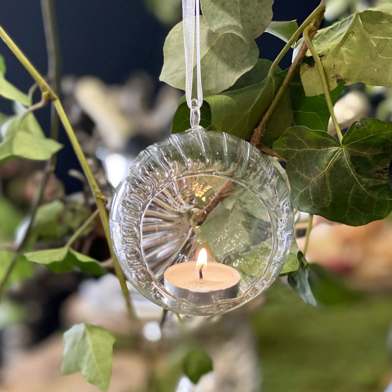 Small Fluted Round Glass Tea Light Hanging Decoration 