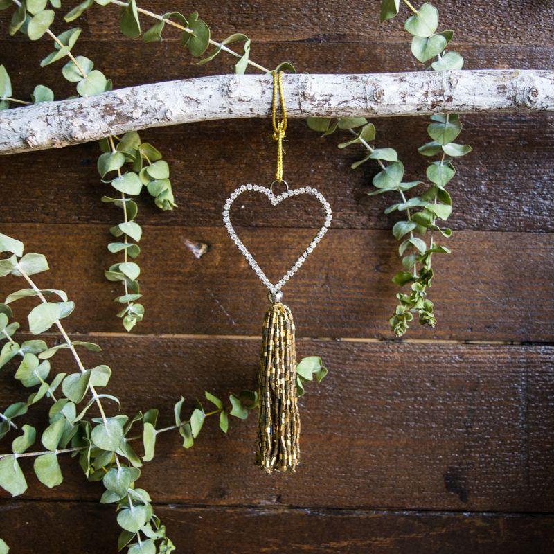 Glass Beaded Brass Heart With Tassel Decoration