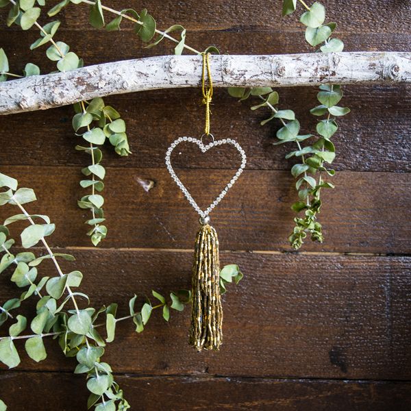 Set of Four Glass Beaded Brass Heart with Tassel Decorations