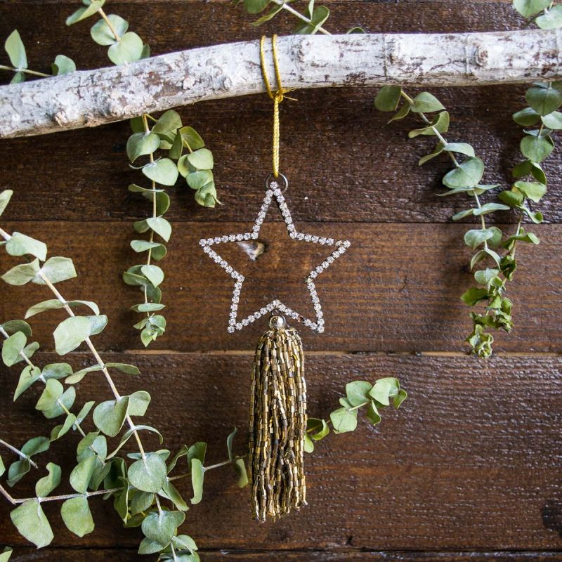 Glass Beaded Brass Star With Tassel Decoration