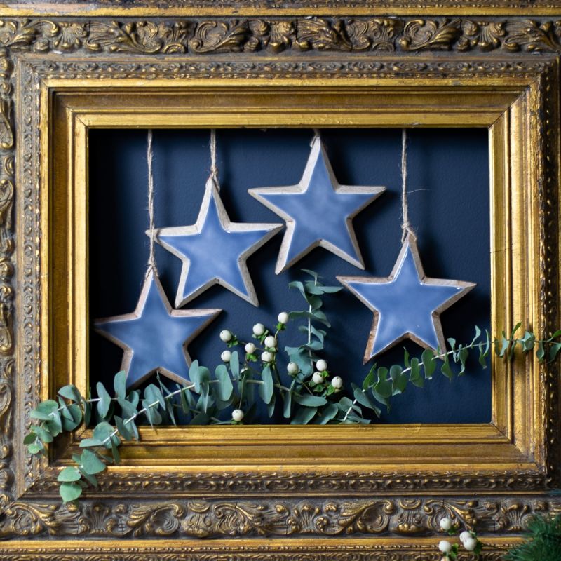 Set of Four Large Grey Wooden Star Decorations