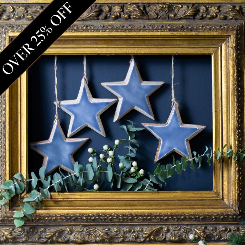 Set of Four Large Grey Wooden Star Decorations