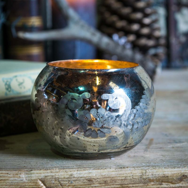 Small Antique Silver Floral Etched Glass Tea Light Holder