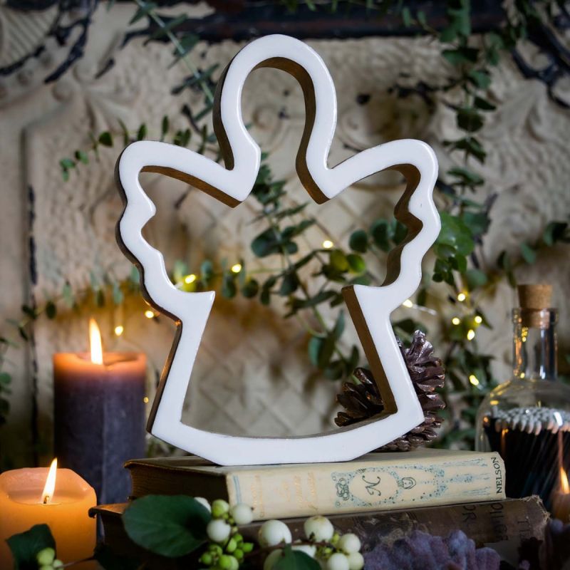 Large White Enamel Wooden Angel Silhouette