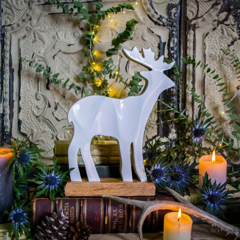 Large White Wooden Standing  Reindeer