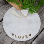 White Marble Round Cheeseboard with Brass Love Design