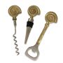 Shell Bar 3 pc Set - Bottle Opener, Stopper And Corkscrew - Gold Finish