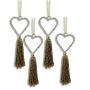 Set of Four Glass Beaded Brass Heart with Tassel Decorations